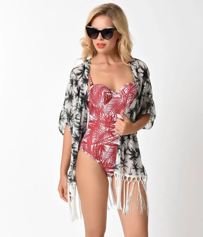 Vintage Style White & Black Palm Tree Half Sleeve Swim Coverup made by Unique Vintage