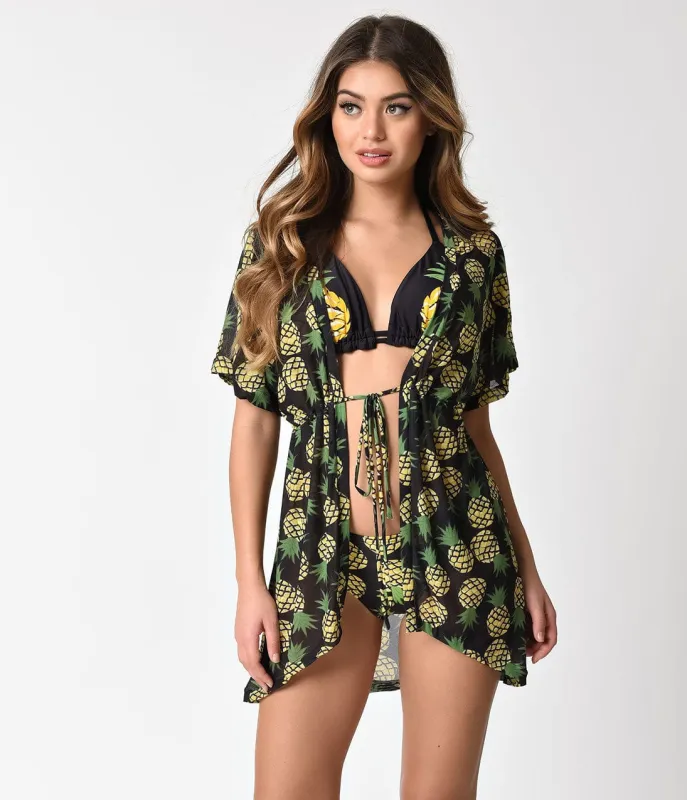 Unique Vintage Pineapple Print Half Sleeve Swim Cover Up made by Unique Vintage