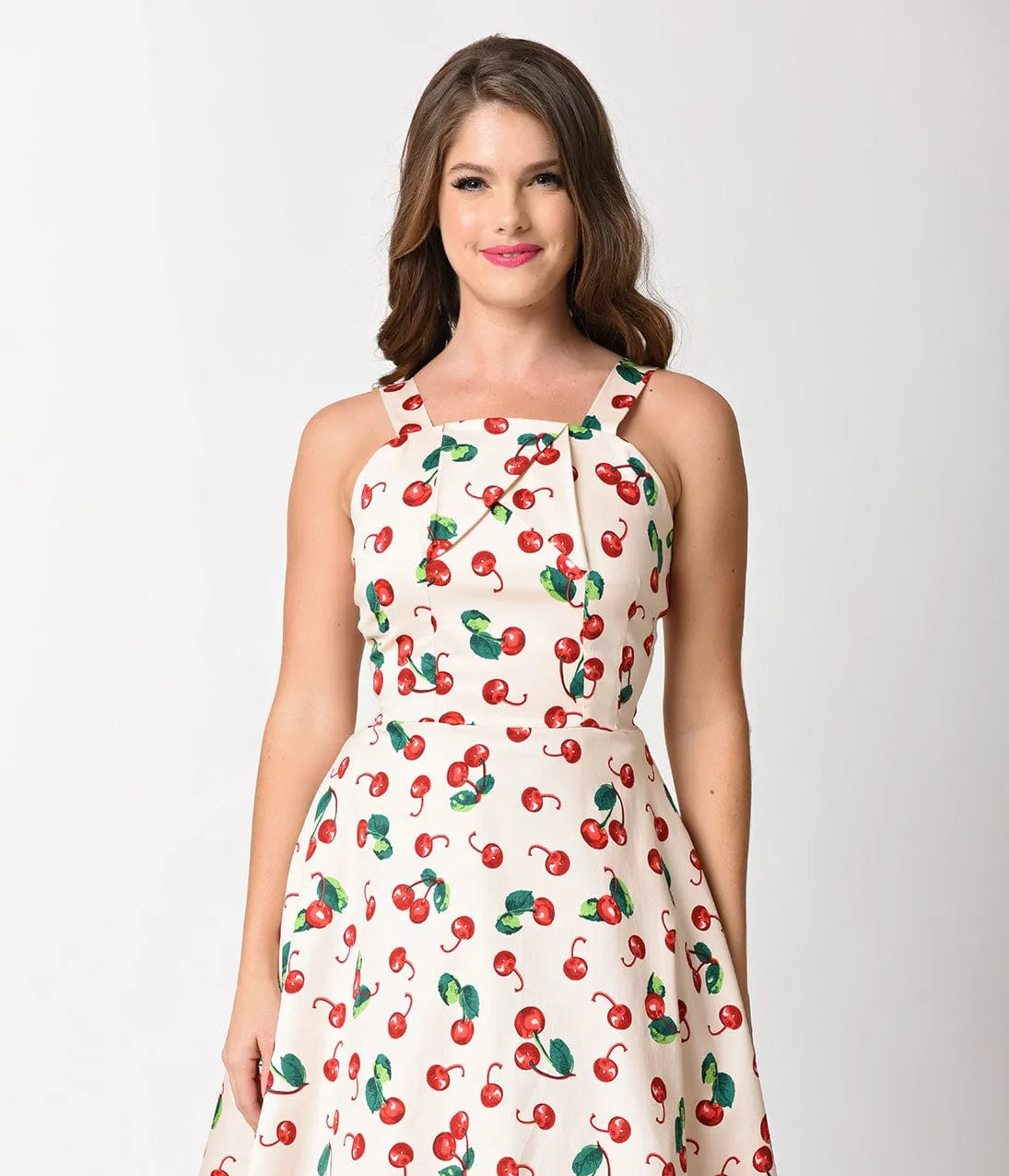 Unique Vintage 1950s Style Peach & Red Cherry Print Savannah Swing Dress sold by Unique Vintage product image thumbnail 5