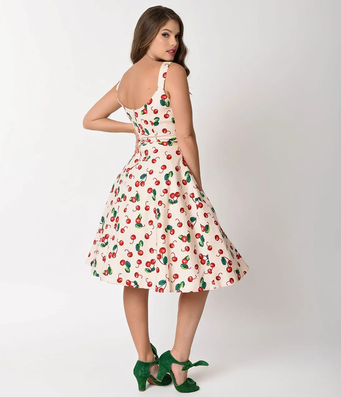 Unique Vintage 1950s Style Peach & Red Cherry Print Savannah Swing Dress sold by Unique Vintage product image thumbnail 2