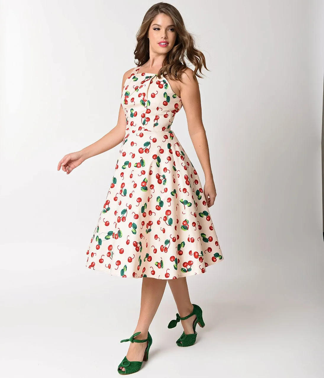 Unique Vintage 1950s Style Peach & Red Cherry Print Savannah Swing Dress sold by Unique Vintage product image thumbnail 4