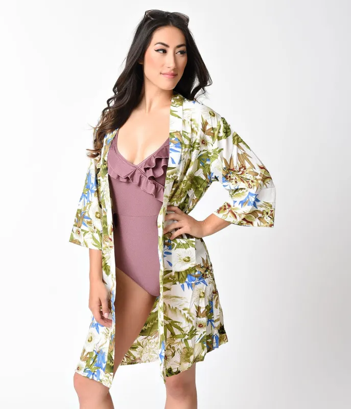 Vintage Style Green Multi Floral Print Kimono Beach Coverup made by Unique Vintage