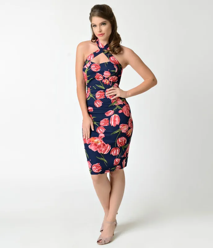 Unique Vintage 1960s Navy & Pink Floral Criss Cross Halter Penelope Wiggle Dress made by Unique Vintage