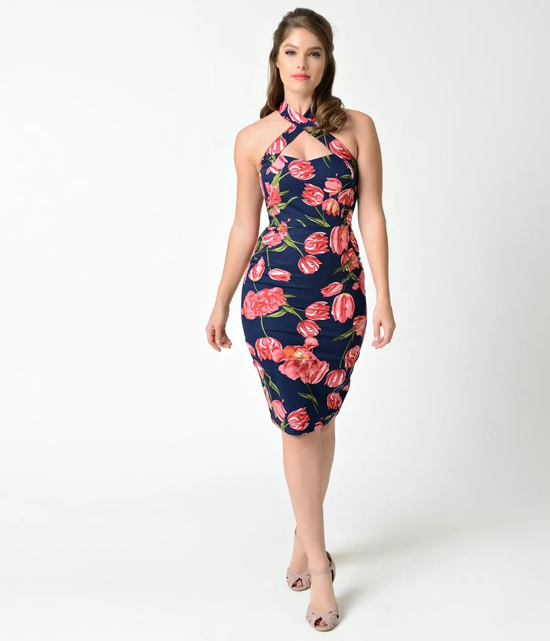 Unique Vintage 1960s Navy & Pink Floral Criss Cross Halter Penelope Wiggle Dress sold by Unique Vintage product image thumbnail 5
