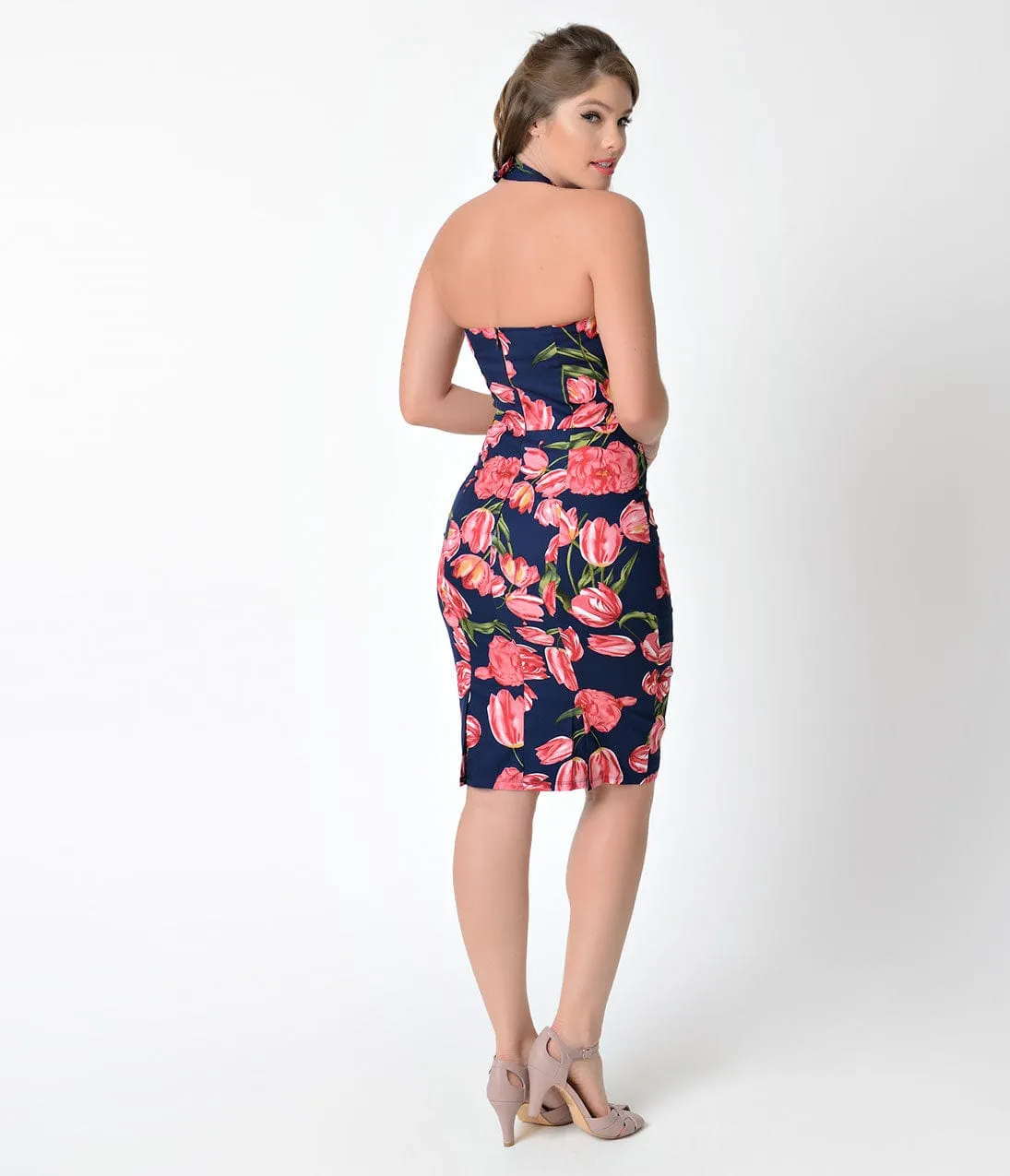 Unique Vintage 1960s Navy & Pink Floral Criss Cross Halter Penelope Wiggle Dress sold by Unique Vintage product image thumbnail 2