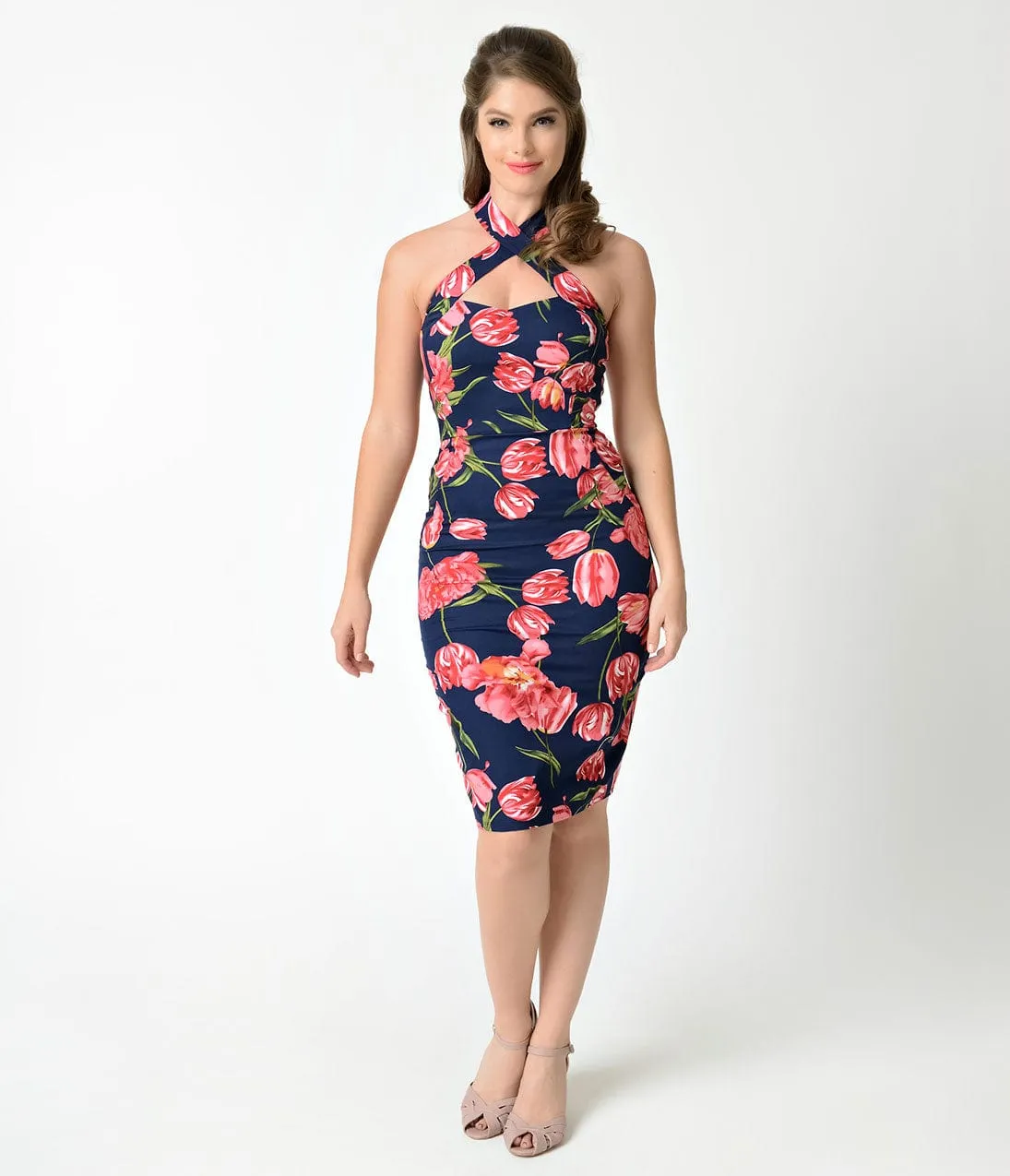 Unique Vintage 1960s Navy & Pink Floral Criss Cross Halter Penelope Wiggle Dress sold by Unique Vintage product image thumbnail 4