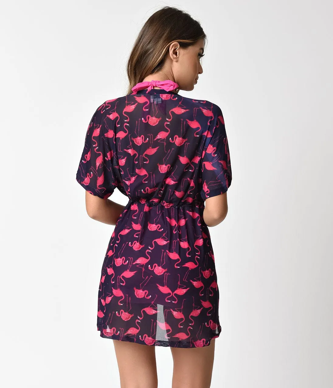 Unique Vintage Navy & Pink Flamingo Print Half Sleeve Swim Cover Up sold by Unique Vintage product image thumbnail 2