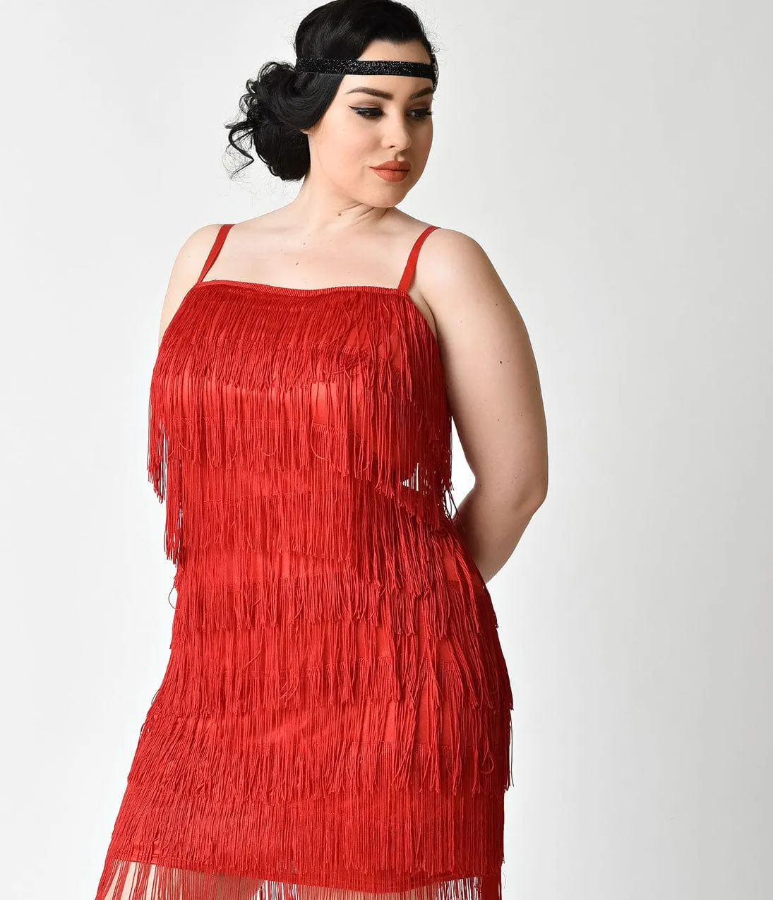 Unique Vintage Plus Size 1920s Style Red Speakeasy Tiered Fringe Flapper Dress sold by Unique Vintage product image thumbnail 4