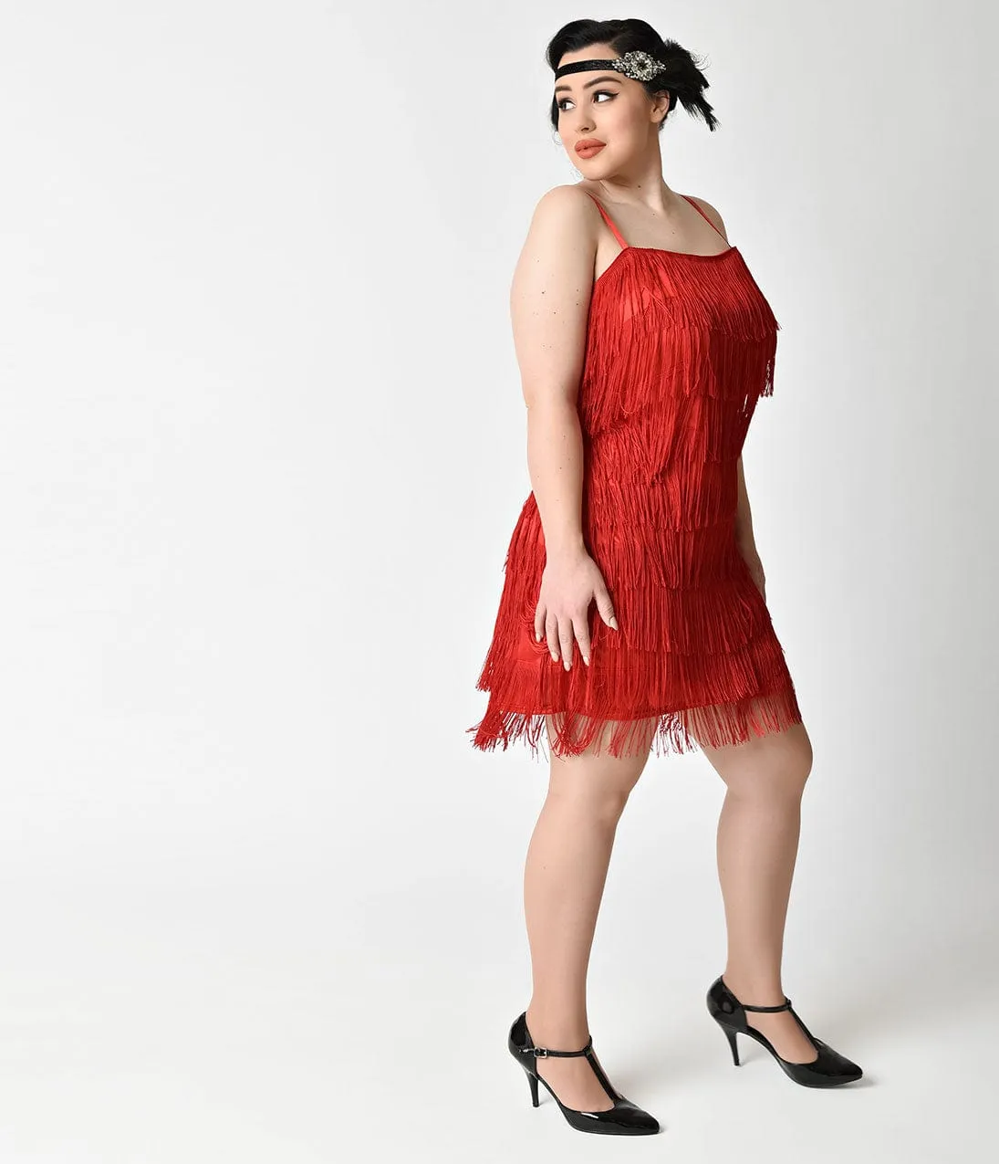 Unique Vintage Plus Size 1920s Style Red Speakeasy Tiered Fringe Flapper Dress sold by Unique Vintage product image thumbnail 5