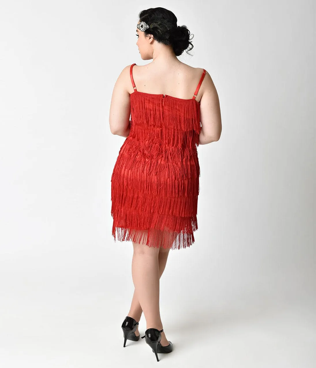 Unique Vintage Plus Size 1920s Style Red Speakeasy Tiered Fringe Flapper Dress sold by Unique Vintage product image thumbnail 2