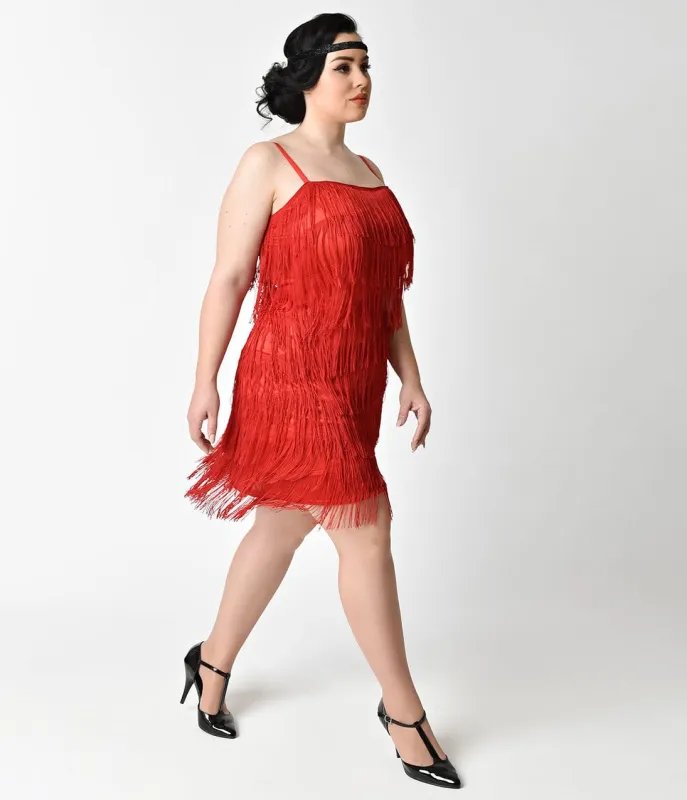 Unique Vintage Plus Size 1920s Style Red Speakeasy Tiered Fringe Flapper Dress sold by Unique Vintage