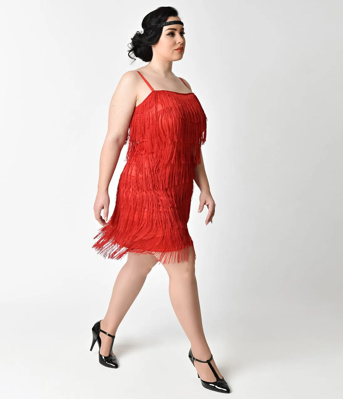 Unique Vintage Plus Size 1920s Style Red Speakeasy Tiered Fringe Flapper Dress sold by Unique Vintage