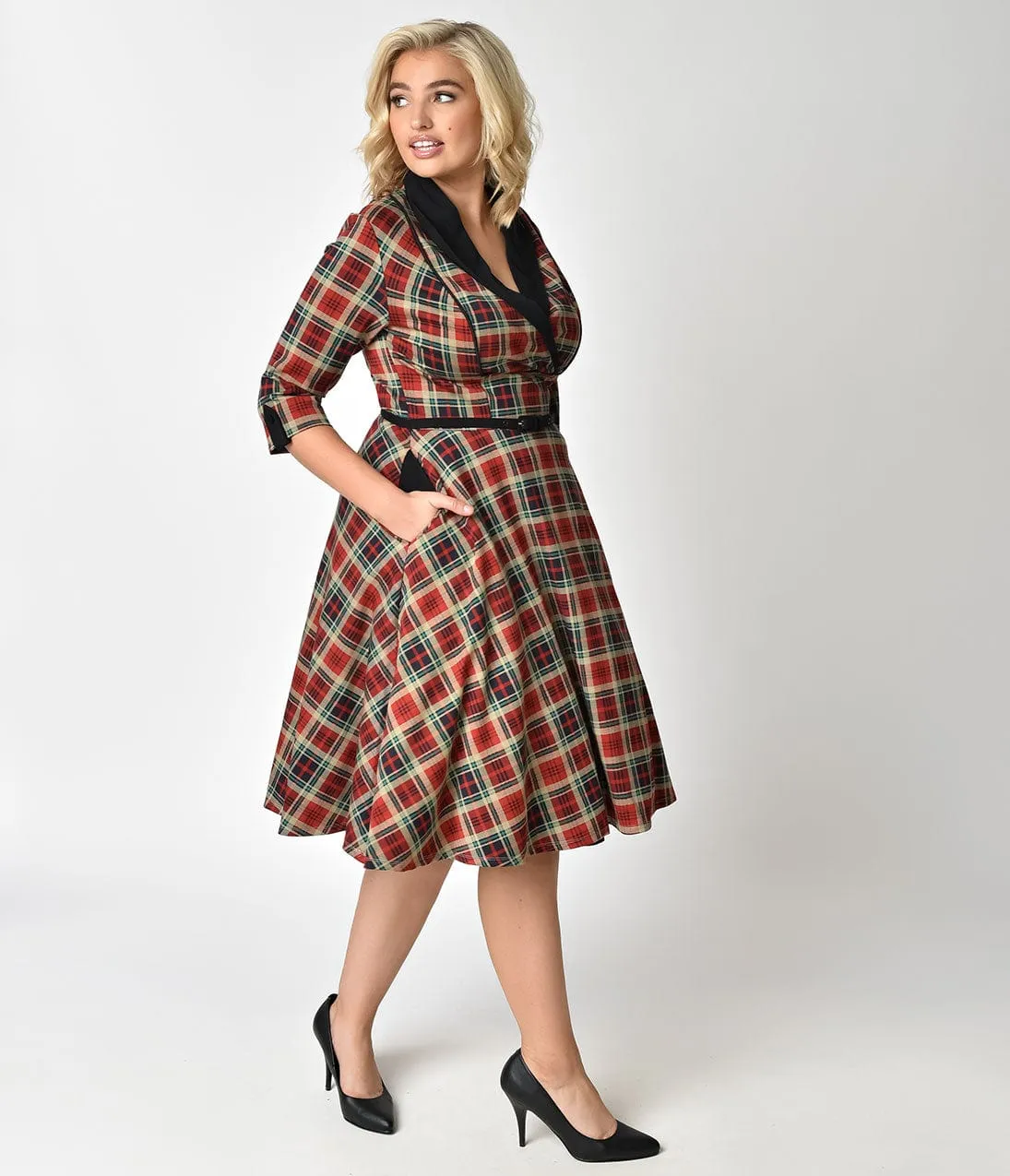 Unique Vintage Plus Size 1950s Style Red Plaid Three-Quarter Sleeve Trudy Swing Dress sold by Unique Vintage product image thumbnail 3