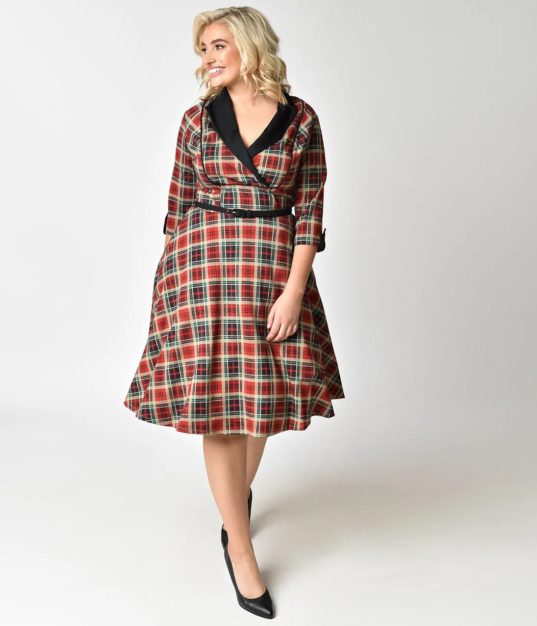 Unique Vintage Plus Size 1950s Style Red Plaid Three-Quarter Sleeve Trudy Swing Dress sold by Unique Vintage product image thumbnail 4