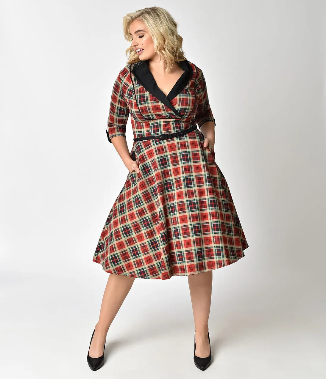 Unique Vintage Plus Size 1950s Style Red Plaid Three-Quarter Sleeve Trudy Swing Dress sold by Unique Vintage