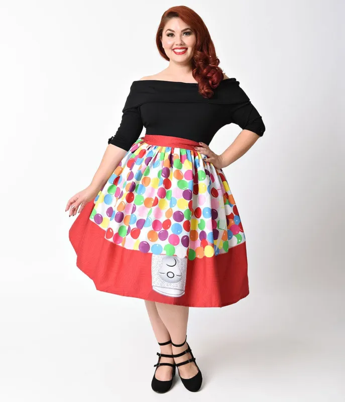 Unique Vintage Plus Size 1950s Red & Multi Gumball Machine High Waist Swing Skirt sold by Unique Vintage