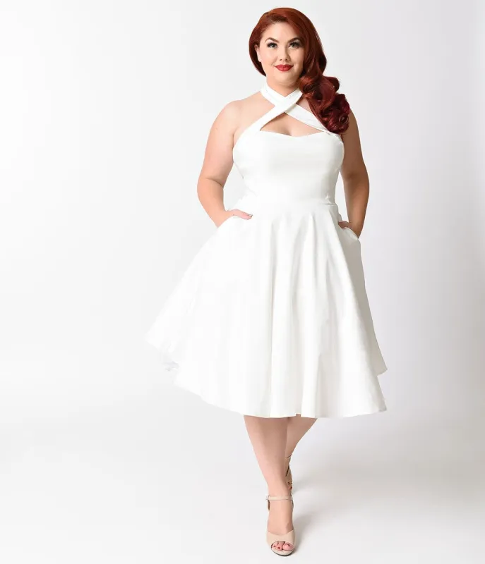 Unique Vintage Plus Size 1950s Style Ivory Criss Cross Halter Flare Rita Dress made by Unique Vintage