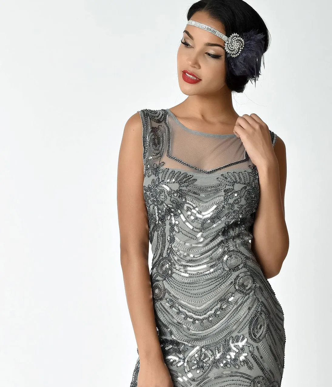 Unique Vintage 1920s Style Gunmetal Grey Dominique Illusion Flapper Dress sold by Unique Vintage product image thumbnail 4