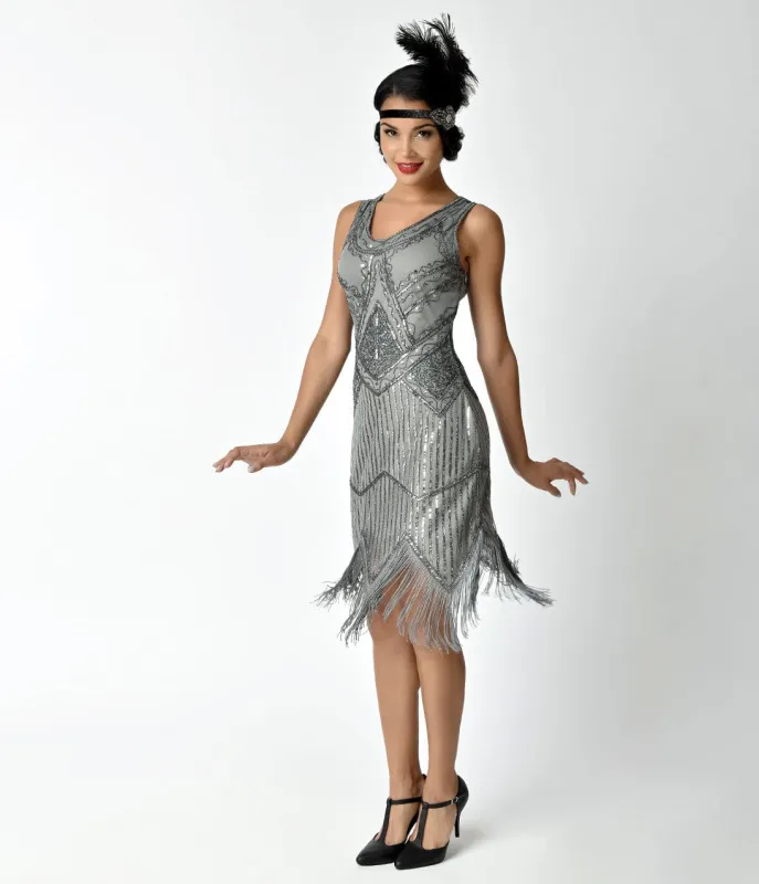 Unique Vintage 1920s Grey Beaded Sequin Juliette Fringe Flapper Dress made by Unique Vintage