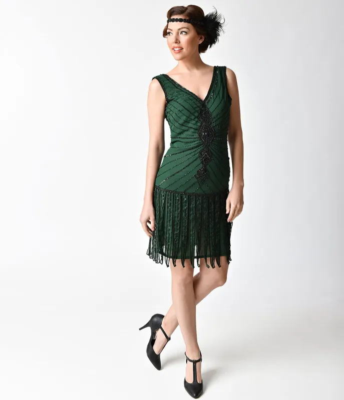 Unique Vintage 1920s Style Emerald & Black Beaded Fringe Aelita Flapper Dress made by Unique Vintage