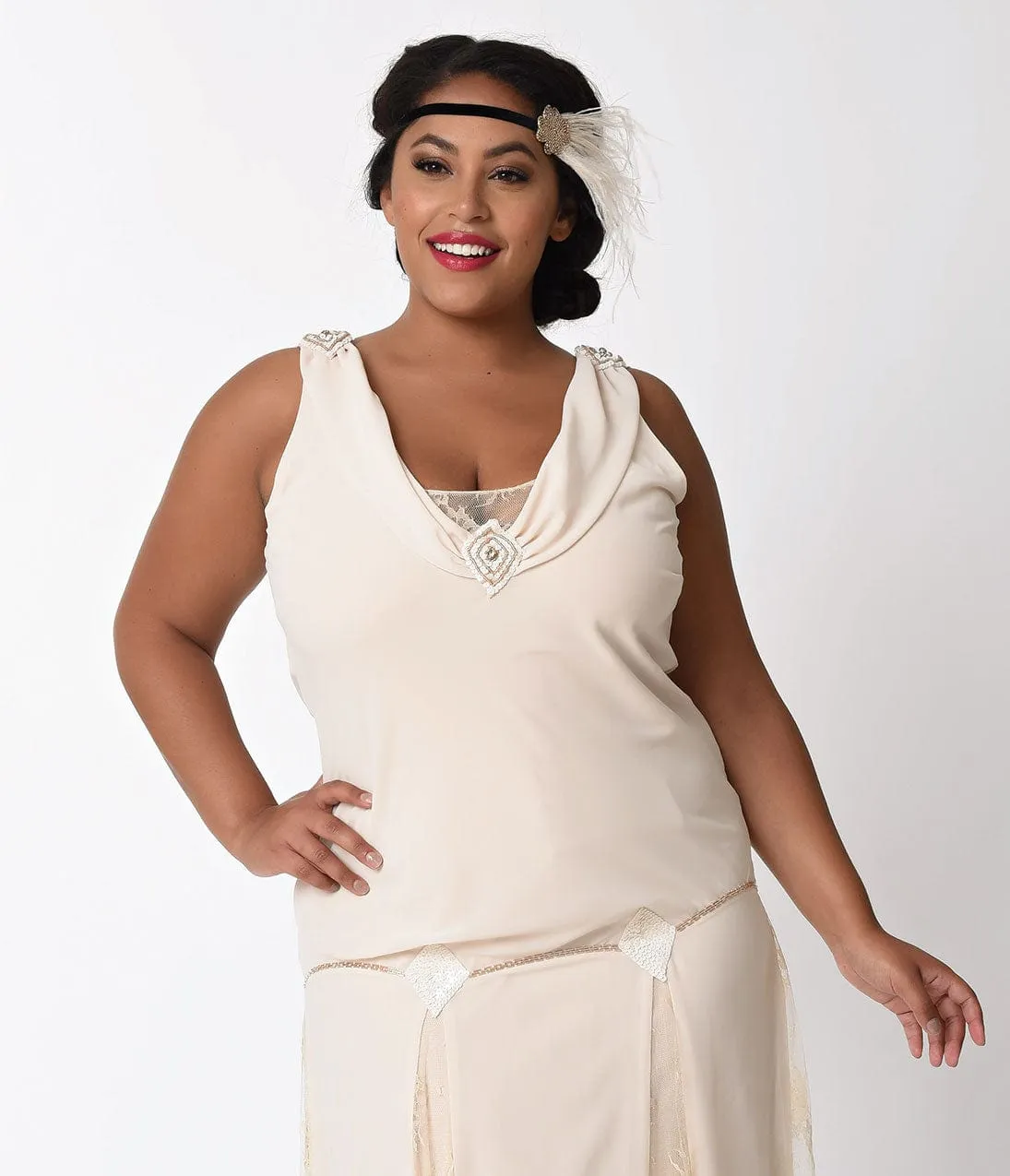 Unique Vintage Plus Size 1920s Style Cream Hemingway Flapper Dress sold by Unique Vintage product image thumbnail 4