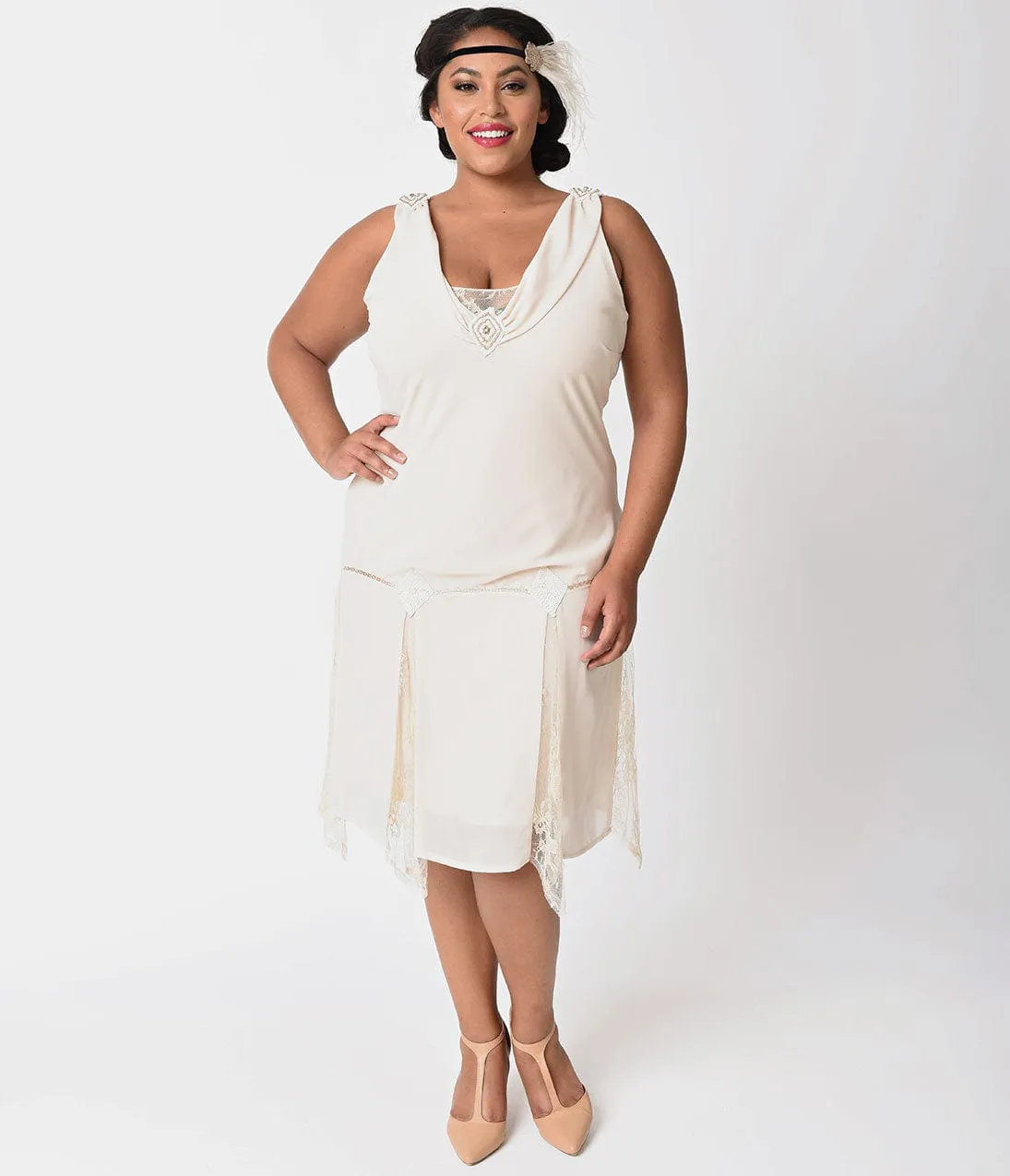 Unique Vintage Plus Size 1920s Style Cream Hemingway Flapper Dress sold by Unique Vintage