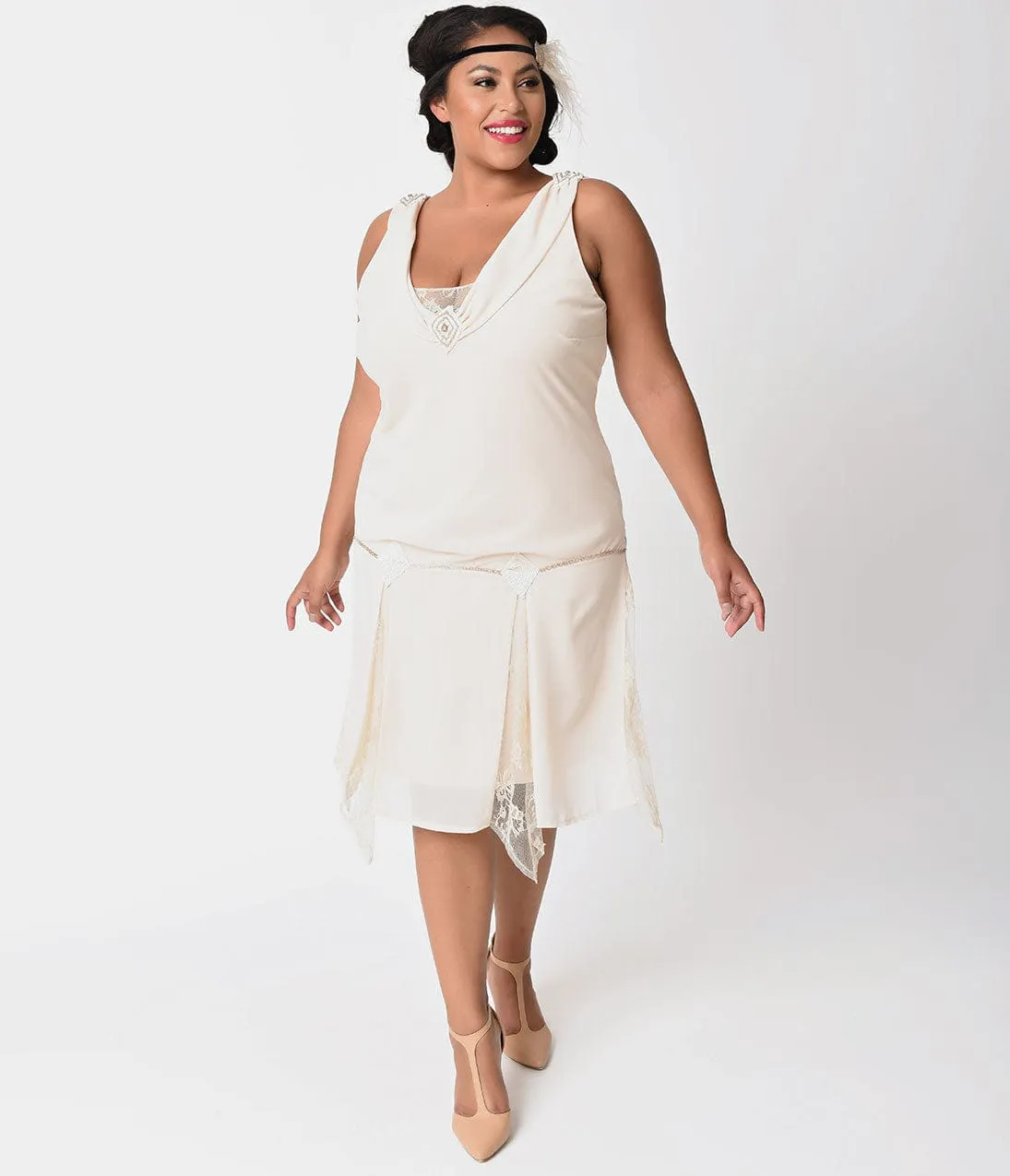 Unique Vintage Plus Size 1920s Style Cream Hemingway Flapper Dress sold by Unique Vintage product image thumbnail 5