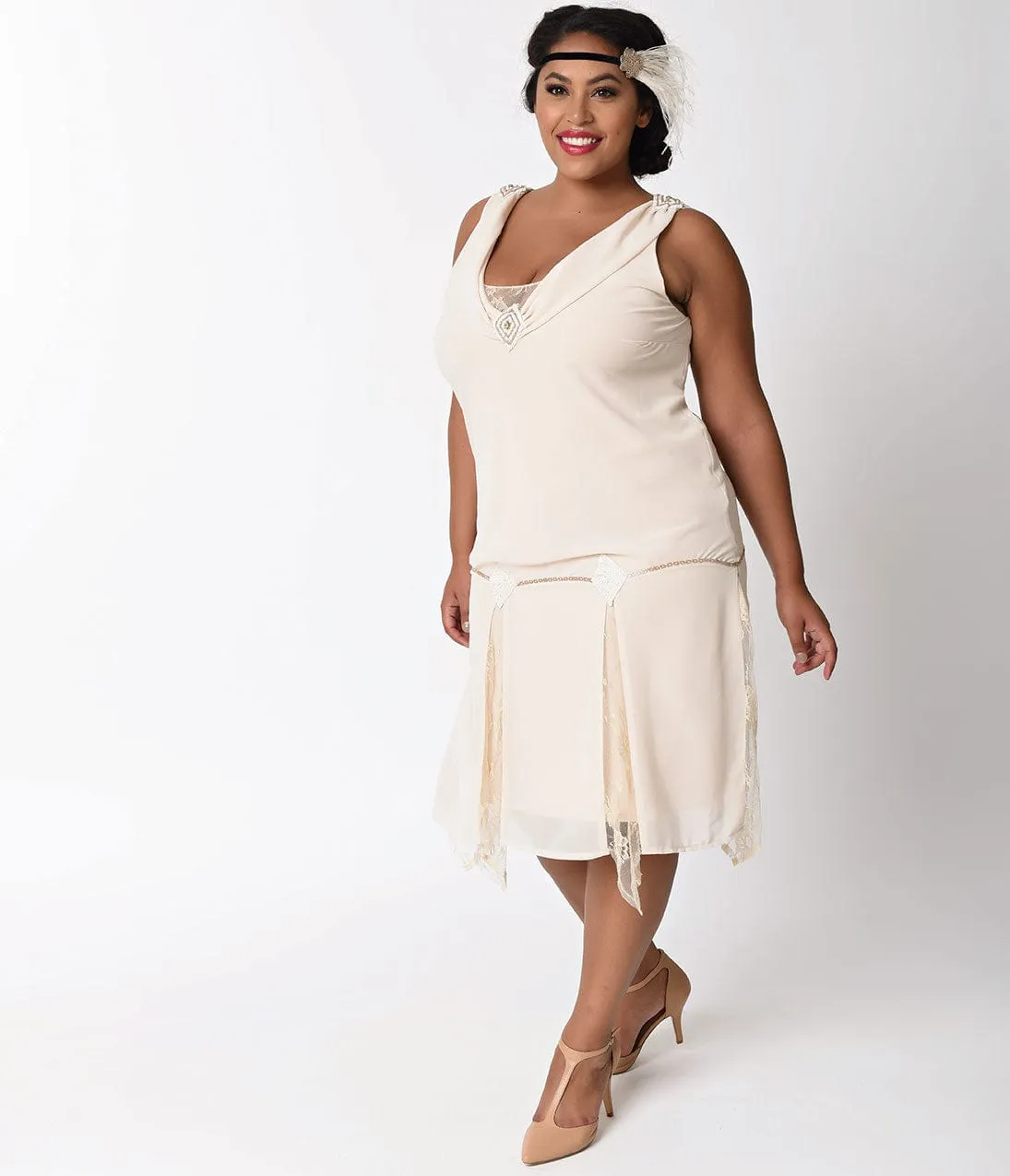 Unique Vintage Plus Size 1920s Style Cream Hemingway Flapper Dress sold by Unique Vintage product image thumbnail 3