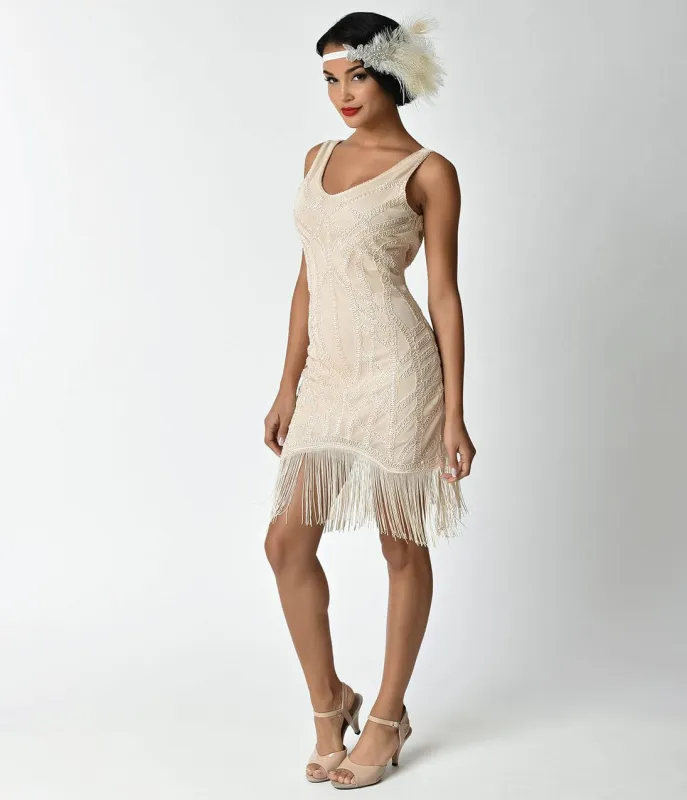 Unique Vintage 1920s Style Cream Beaded Eloise Fringe Flapper Dress sold by Unique Vintage