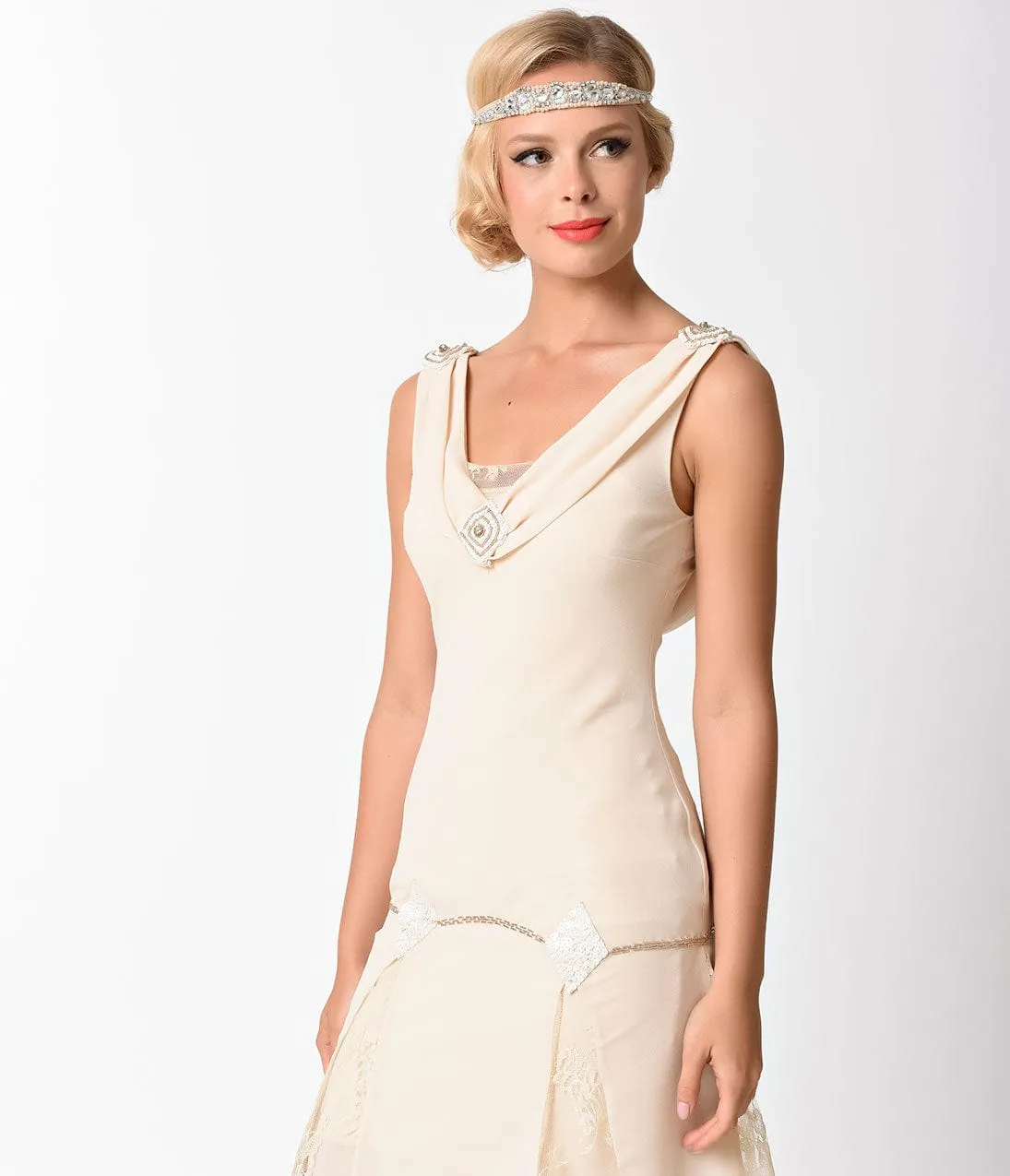Unique Vintage 1920s Style Cream Hemingway Flapper Dress sold by Unique Vintage product image thumbnail 3