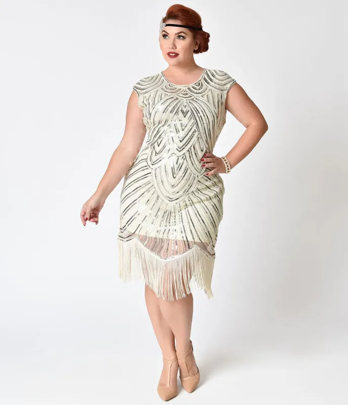 Unique Vintage Plus Size 1920s Cream & Silver Sequin Cap Sleeve Lucie Fringe Flapper Dress sold by Unique Vintage