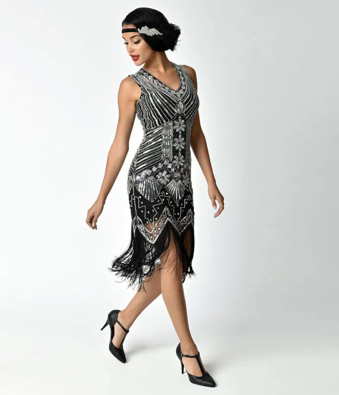 Unique Vintage 1920s Deco Silver & Black Veronique Fringe Flapper Dress sold by Unique Vintage