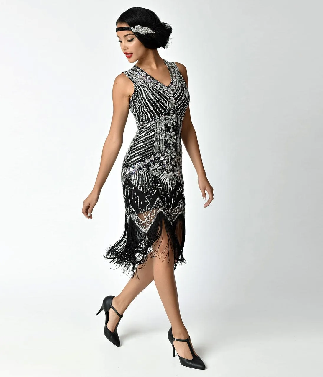 Unique Vintage 1920s Deco Silver & Black Veronique Fringe Flapper Dress sold by Unique Vintage
