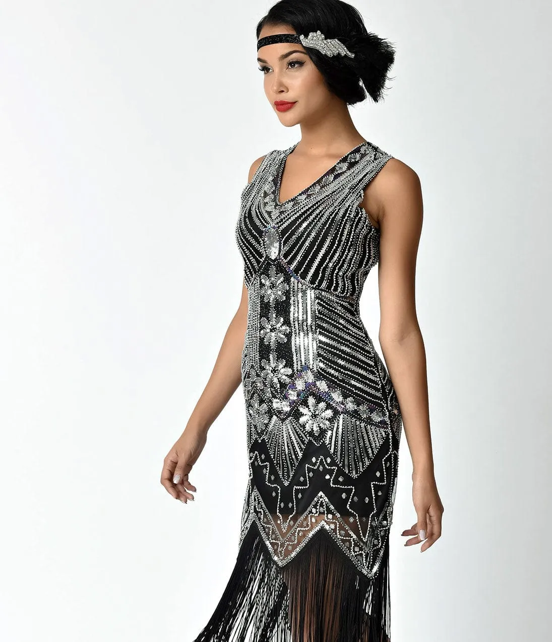 Unique Vintage 1920s Deco Silver & Black Veronique Fringe Flapper Dress sold by Unique Vintage product image thumbnail 5