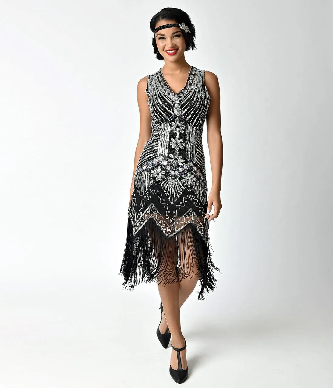 Unique Vintage 1920s Deco Silver & Black Veronique Fringe Flapper Dress sold by Unique Vintage product image thumbnail 2