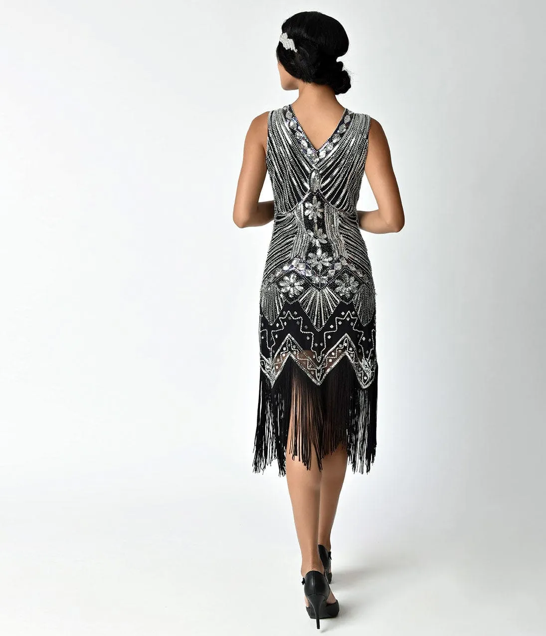 Unique Vintage 1920s Deco Silver & Black Veronique Fringe Flapper Dress sold by Unique Vintage product image thumbnail 3