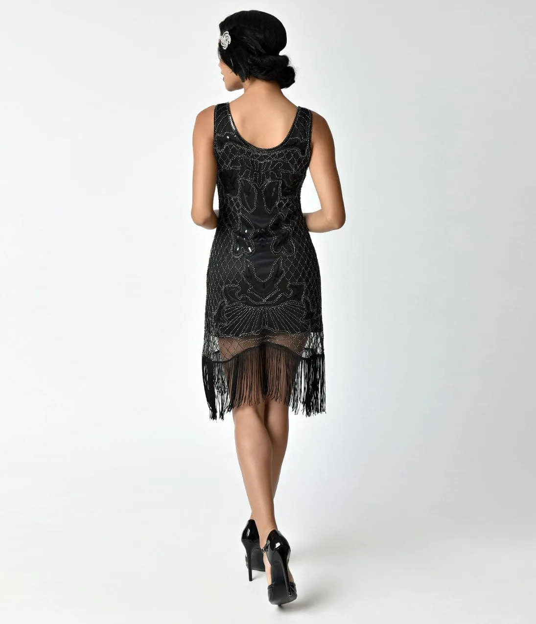 Unique Vintage 1920s Style Black & Silver Beaded Francoise Fringe Flapper Dress sold by Unique Vintage product image thumbnail 5