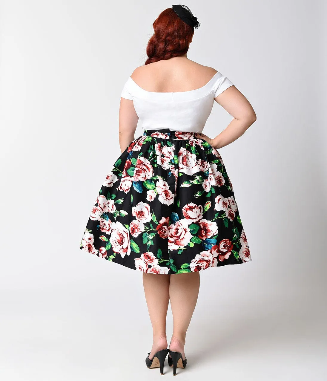 Unique Vintage Plus Size Black & Pink Rose Print High Waist Swing Skirt sold by Unique Vintage product image thumbnail 3