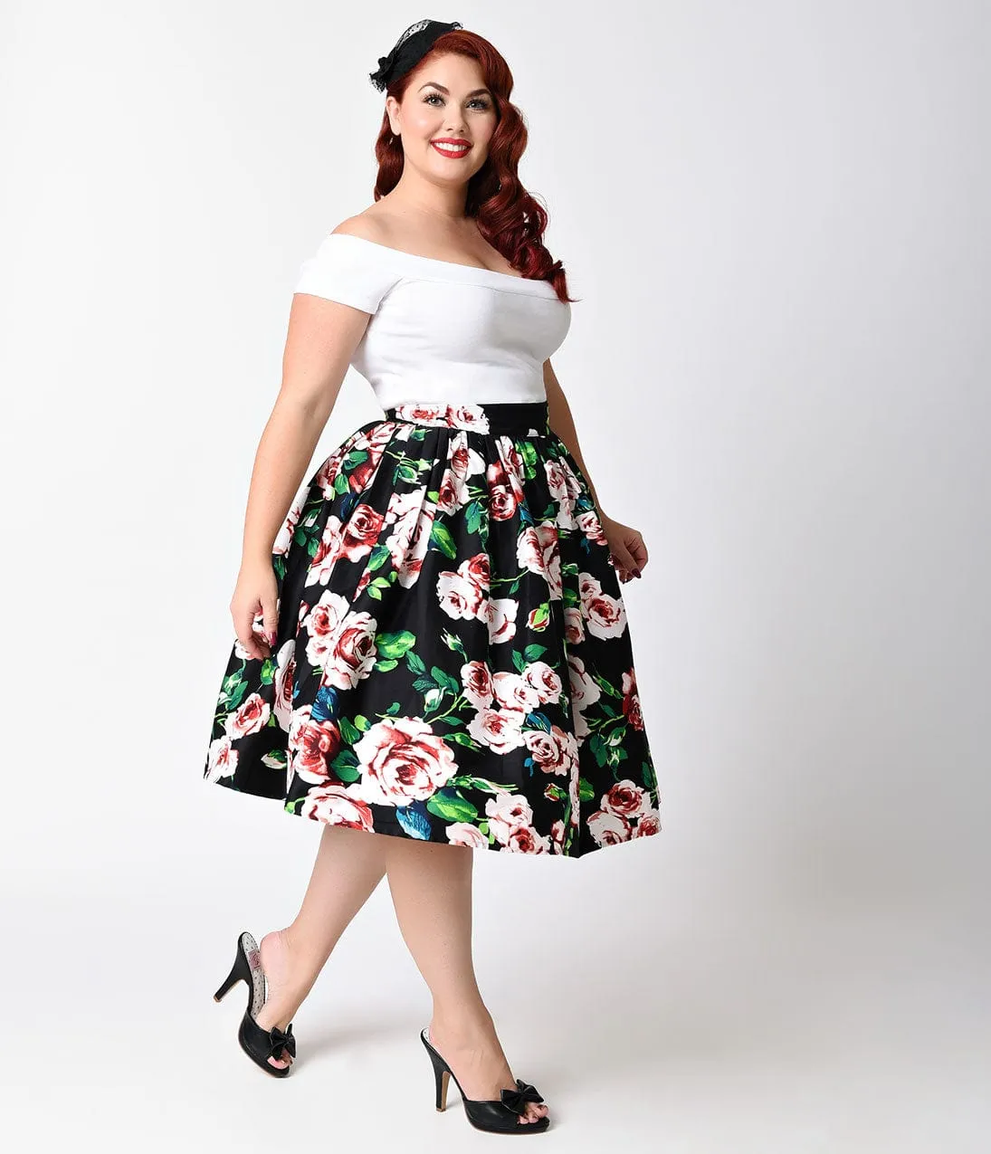 Unique Vintage Plus Size Black & Pink Rose Print High Waist Swing Skirt sold by Unique Vintage product image thumbnail 4