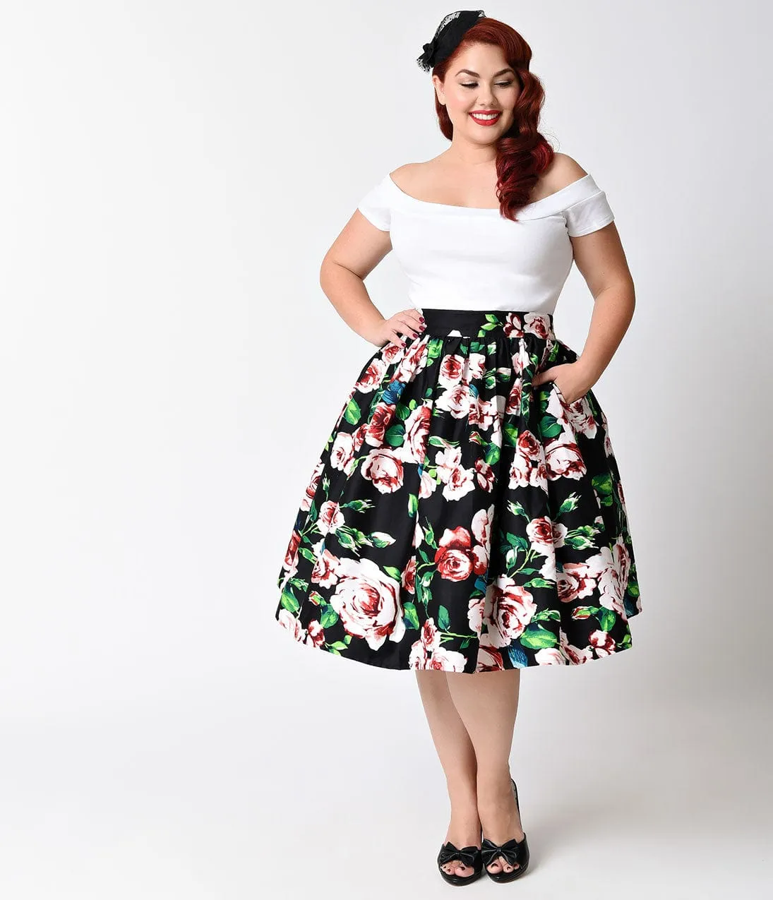 Unique Vintage Plus Size Black & Pink Rose Print High Waist Swing Skirt sold by Unique Vintage
