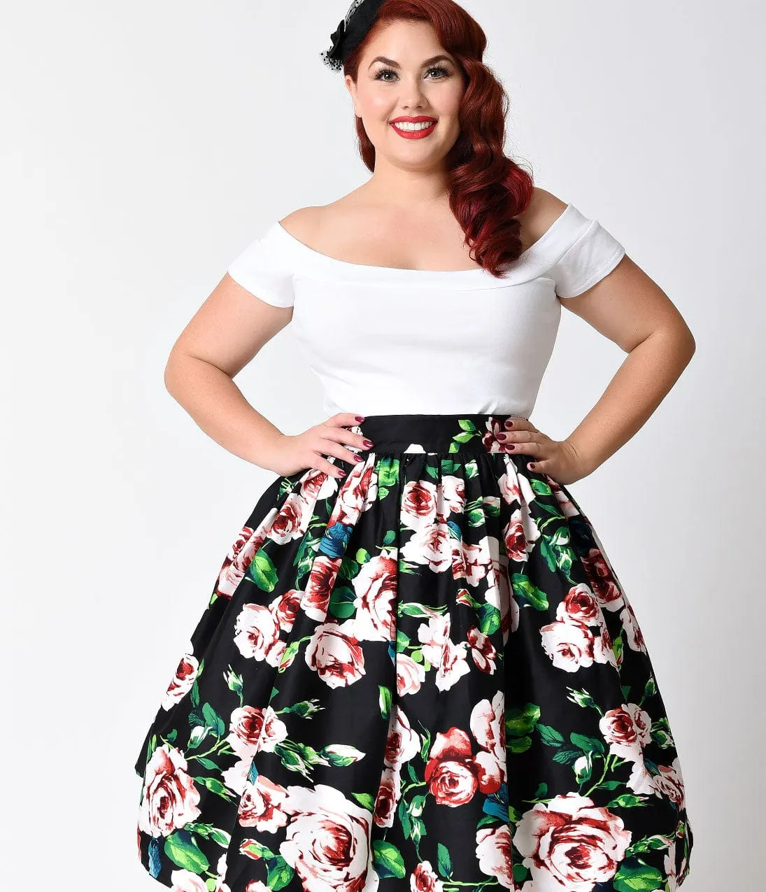 Unique Vintage Plus Size Black & Pink Rose Print High Waist Swing Skirt sold by Unique Vintage product image thumbnail 5