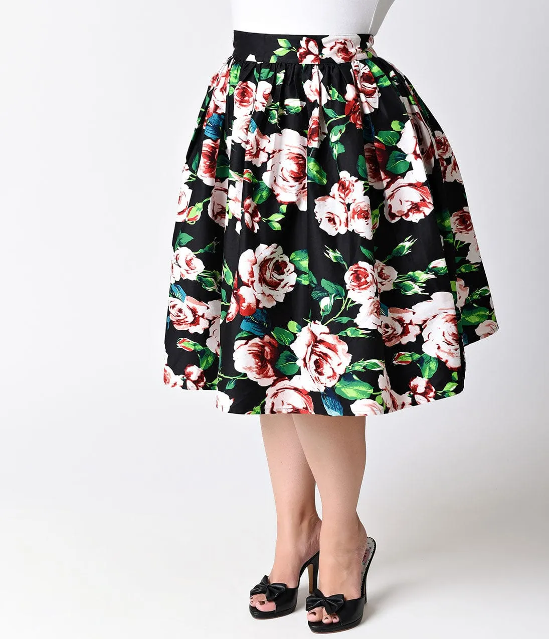 Unique Vintage Plus Size Black & Pink Rose Print High Waist Swing Skirt sold by Unique Vintage product image thumbnail 2