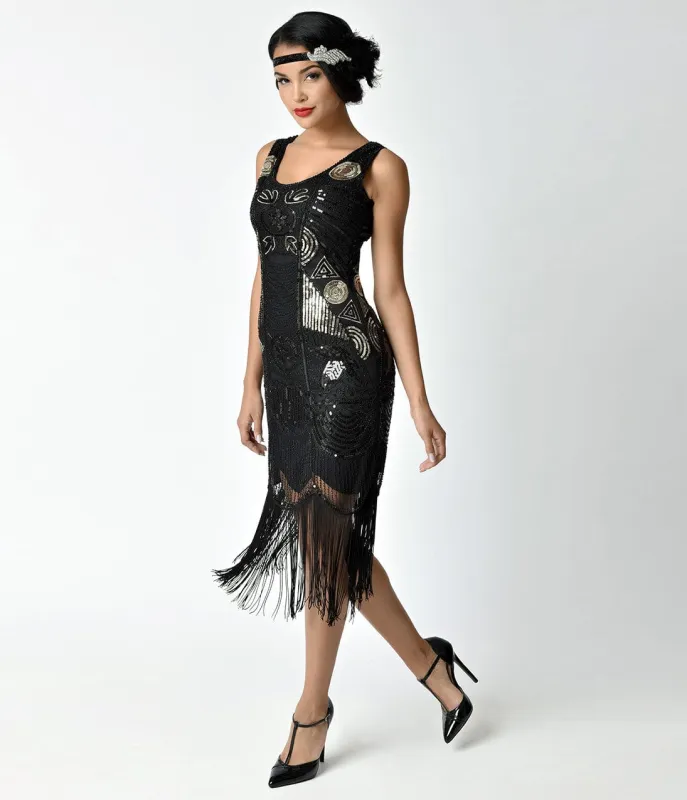 Unique Vintage 1920s Style Black Beaded Fringe Raina Flapper Dress sold by Unique Vintage