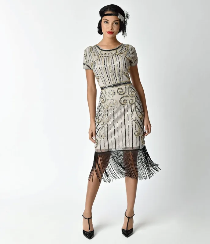 Unique Vintage 1920s Beige & Gold Deco Sabine Short Flapper Dress sold by Unique Vintage