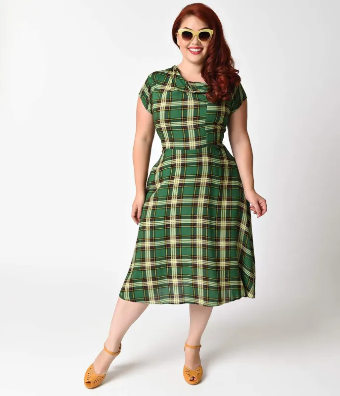 Unique Vintage Plus Size Green Plaid Print Amelia Cap Sleeve Swing Dress made by Unique Vintage