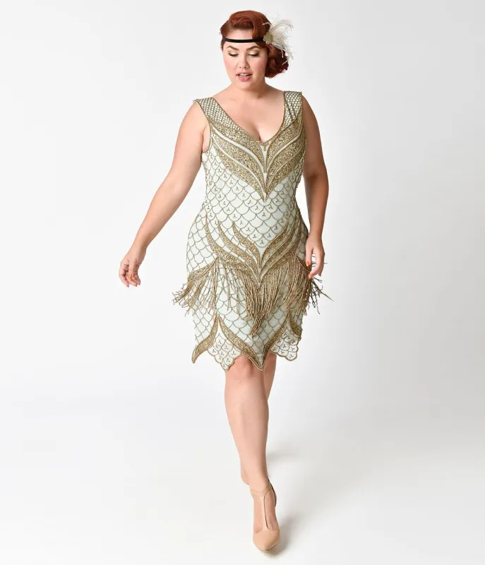 Unique Vintage Plus Size 1920s Seafoam & Antique Gold Beaded Bayou Flapper Dress sold by Unique Vintage
