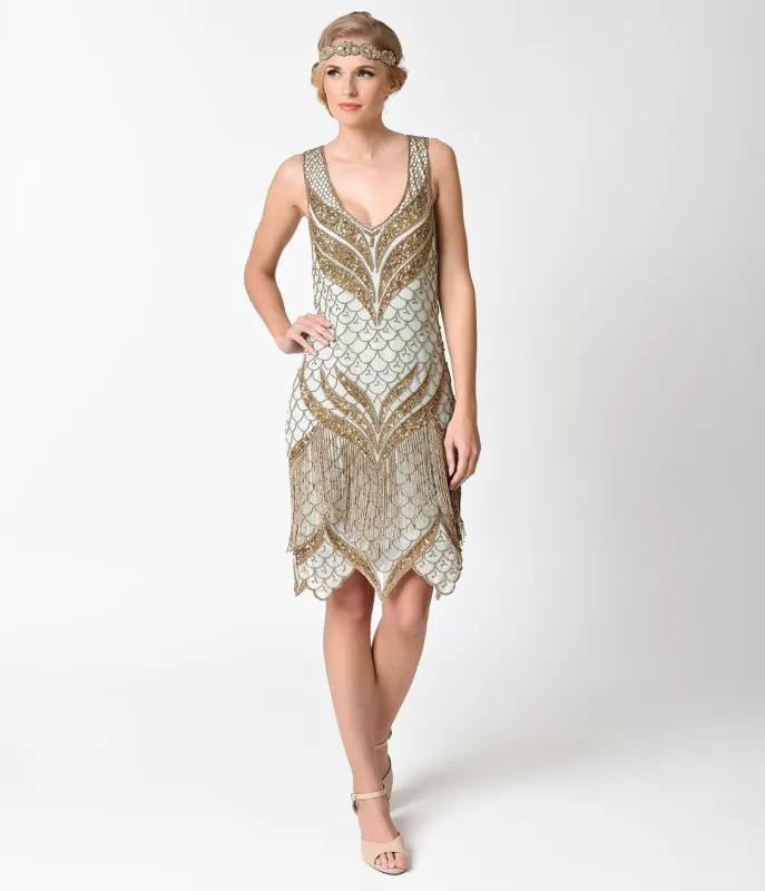 Unique Vintage 1920s Seafoam & Antique Gold Beaded Bayou Flapper Dress made by Unique Vintage