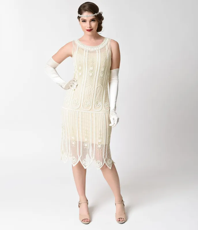 Unique Vintage 1920s Ivory Beaded & Sequin Steinway Flapper Dress made by Unique Vintage