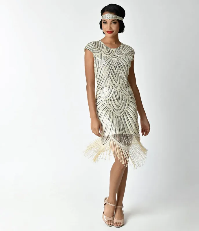 1920s Style Ivory & Silver Sequin Mesh Cap Sleeve Fringe Flapper Dress sold by Unique Vintage