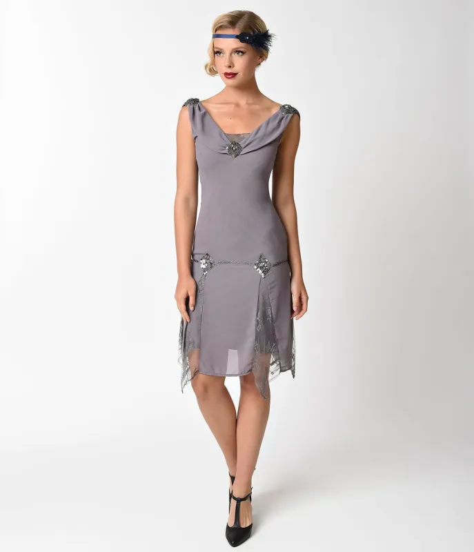 Unique Vintage 1920s Style Grey Hemingway Flapper Dress sold by Unique Vintage